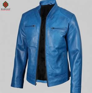 Chaqueta Bomber de Cuero Sintético Azul Cielo para Hombre, con Cierre de Cremallera y Cuello Alto |   Servicio OEM de Patrones Sólidos - Product Image 6