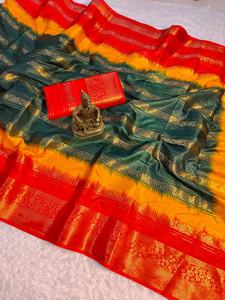 ผ้าซารีราซีอา แจ็คการ์ด ทอลายแจ็คการ์ดทั้งผืน ขอบและพาลลูสีทอง ผลิตในอินเดียสำหรับผู้หญิง - Product Image 5