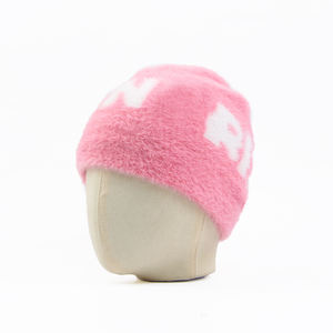 OEM Fashion Unfold Winter Faux Fur Knit Cap Custom Blank Pink Mohair Beanie <b>Hat</b> All Print Jacquard Logo for Beach Business - Product Image 1