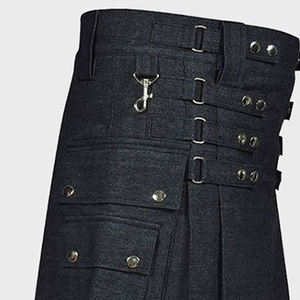 Kilt utilitario de mezclilla negra duradera para hombre con bolsillos, ropa de trabajo moderna y ropa de calle, fabricante de Kilts de moda - Product Image 5