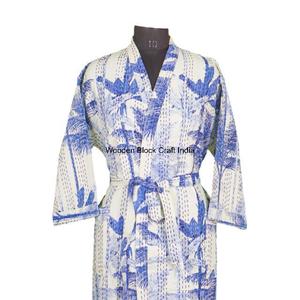 Bata Kimono Acolchada Kantha Hecha a Mano, Bata Larga de Algodón Orgánico para Mujer, Ecológica, Reversible, Técnica Lavada, Transpirable, de Secado Rápido - Product Image 3