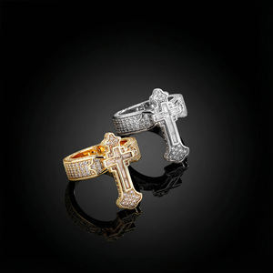 Bague pour homme en argent massif, plaqué or jaune, avec croix en moissanite et diamants de laboratoire, style hip-hop, sertie de pierres, bijou religieux chrétien - Product Image 4