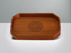Plateau de service en bois d'acacia naturel avec gravure de mandala complexe pour salle à manger, salon ou bureau d'Inde - Product Image 4