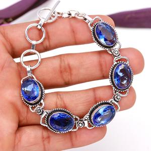 Blue Sapphire Quartz <b>Bracelet</b> Bangle Oval Faceted Cut <b>Gemstone</b> Adjustable German Silver Charm Multi Blue Sapphire <b>Bracelet</b> - Product Image 4