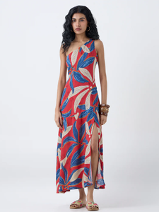 เดรสไหล่ข้างเดียวลายใบไม้สีแดงบอมเบย์ - Product Image 1