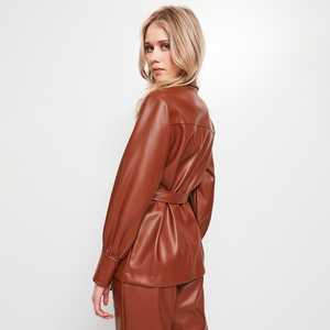 <b>Women's</b> Stylish Lightweight Faux Leather Long <b>Sleeve</b> T-Shirt Brown Comfortable Fit <b>for</b> Office or Street Fashion - Product Image 2