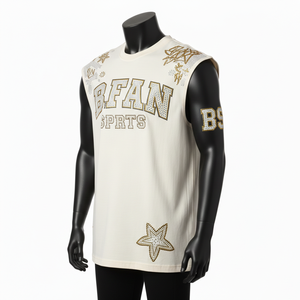 T-shirt 100% coton pour homme, coupe ample, imprimé, t-shirt sans manches en maille polyester de haute qualité, couleur crème, strass, logo personnalisé - Product Image 4