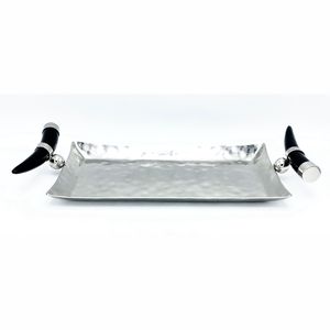 Premium Hammered Silver Serving <b>Tray</b> | Decorative Metal <b>Tray</b> with Natural Horn Handle | Wholesale Luxury Home <b>Decor</b> Platter - Product Image 6