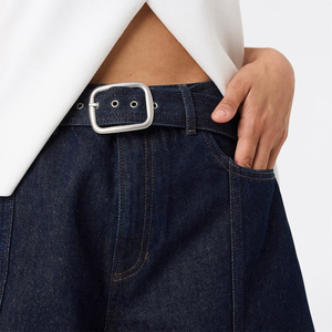 Straps Stretchy Denim <b>Shorts</b> For Women's Belt Loop Wide Leg Loose Fit Navy Blue Color Outdoor Fashionable <b>Jean</b> <b>Shorts</b> - Product Image 5