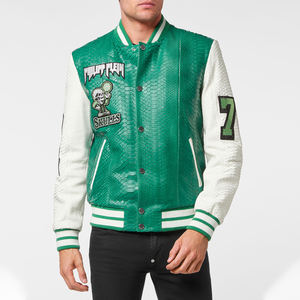2025 chaqueta de bombardero de béisbol de cuero con logotipo bordado personalizado para hombre, chaqueta universitaria transpirable de lana y algodón con cuello levantado y cierre de cremallera - Product Image 2