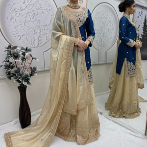 ชุดอนาร์กาลีผ้าไหมผสมปักลายสีน้ำเงินรอยัลและสีแชมเปญโกลด์ ยูนิตี้ ลักชัวร์ พรีเมียม พร้อมผ้าคลุมไหล่เน็ต - Product Image 1