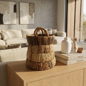 Natural Hand Woven Banana Bark <b>Storage</b> <b>Basket</b> Tiered <b>Stacked</b> Ring Arch Handle Pot Planter Room Setup Decor Pure Art Design Craft - Product Image 5