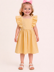 Robe d'été pour filles, col carré uni, sans manches, à volants, ligne A, longueur genou, en lin et coton, mignonne et décontractée - Product Image 1