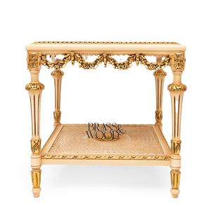 Table d'appoint carrée de luxe en crème avec peinture florale à la main et étagère en rotin à deux niveaux, accents dorés ornés pour un décor classique - Product Image 2