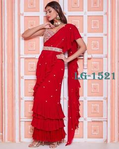 Đẹp Đảng Mặc Màu Đỏ Giả <span class=keywords><strong>Georgette</strong></span> Moti Làm Việc Và 3 Lớp Ruffle <span class=keywords><strong>Saree</strong></span> Lá Giấy Làm Việc Áo Thiết Kế Truyền Thống <span class=keywords><strong>Saree</strong></span> - Product Image 4