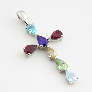 Elegante Regalo para Fiesta de Bodas, Colgante de Cruz con Múltiples Piedras, Forma de Pera de 6x4mm, Minimalista, Plata de Ley con Baño de Rodio, Rhaya - Product Image 1