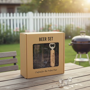 <span class=keywords><strong>Set</strong></span> di <span class=keywords><strong>Bicchieri</strong></span> da <span class=keywords><strong>Birra</strong></span> Pilsner Classici Trasparenti con Logo Personalizzato all'Ingrosso in Confezione Regalo con Apribottiglie in Legno - Product Image 3