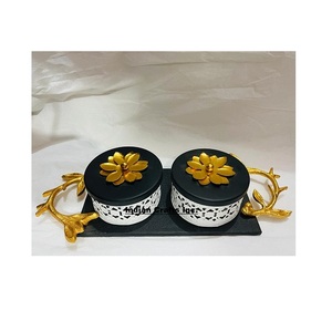 Juego de 2 tarros de fruta seca hechos a mano puros, duraderos y elegantes, con bandeja de latón con asas de metal dorado al mayor costo - Product Image 1