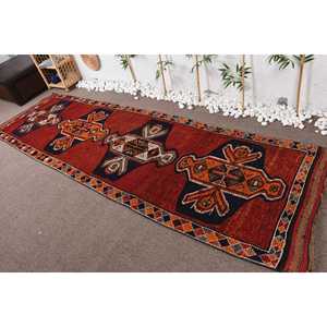 Turkish Vintage <b>Runner</b> Rug 3.4x11.7 ft, Herki <b>Red</b> Wool Rug - Product Image 2