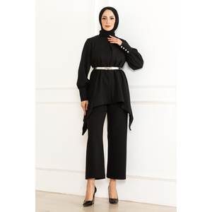 MSW19001-1 Conjunto de Traje Informal Negro con Detalles, Blusa Larga y Piezas Coordinadas de Longitud Midi - Product Image 1