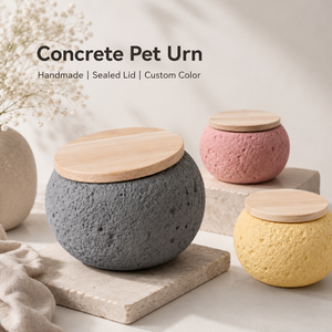 Guci Kremasi Hewan Peliharaan Beton Buatan Tangan, Tempat Abu Kenangan dengan Tutup Kayu untuk Kenang-kenangan Anjing Kucing - Product Image 1