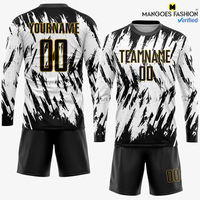 Uniforme de Fútbol Personalizado con Impresión por Transferencia de Calor en Blanco/Negro-Oro Antiguo, Paneles de Malla Ventilada, Nombre del Jugador, Números del Equipo, 100% Personalizado