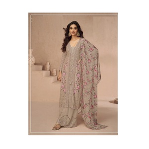 Hermoso traje Palazzo hecho de tela de Vichitra pesada con bordado impresionante y trabajo de secuencia perfecto para fiestas y fiestas - Product Image 1