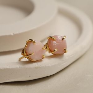 8-10mm Raw Pink Opal Stone Gold Plated Prong Set <b>Stud</b> <b>Earrings</b> Handmade Birthstone Dainty Minimalist Jewelry for Women - Product Image 6