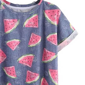 เสื้อยืดแขนสั้นลำลองสำหรับผู้หญิงผ้าฝ้ายพิมพ์ลายเต็มรูปแบบและเส้นใยไม้ไผ่ดีไซน์คลาสสิก - Product Image 3