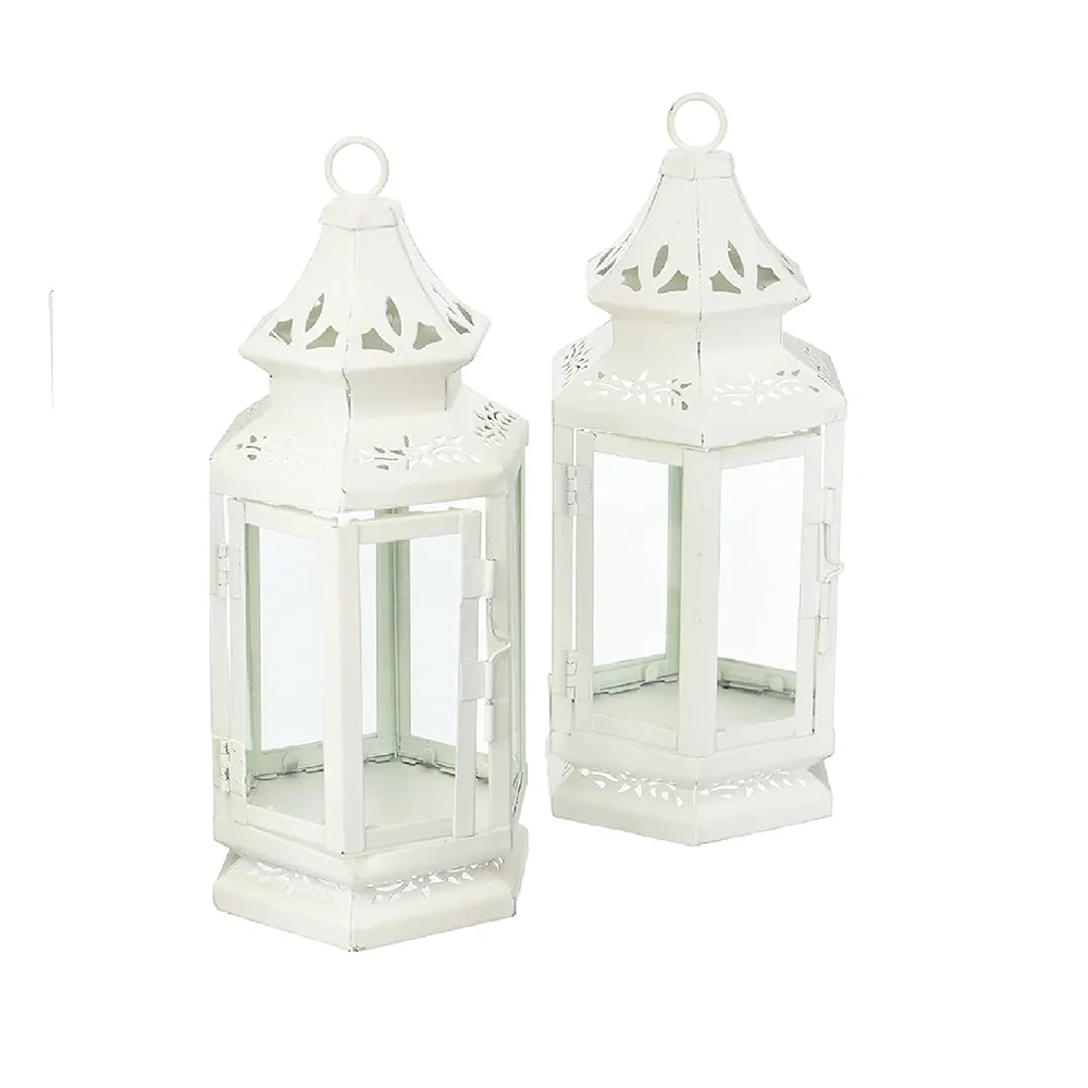 Set Of 2 White Finished Candle Holder Decorative Antique Outdoor Garden Metal Candle Lantern for Wedding Classic Metal Lantern