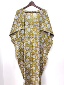 Bloque de mano estampado Floral Kaftan Casual hasta el suelo ropa de dormir vestido 100% algodón Natural verano vacaciones Bikini vestido para mujer - Product Image 5