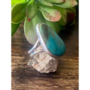 Leslie Nez Kingman Fine Jewelry <b>Dainty</b> Platinum <b>Ring</b> Smooth Turquoise Sterling Silver Rectangle Shape Size 7.75 Everyday Wear - Product Image 3
