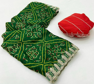 Saree léger en mousseline de soie Soft Bandhej avec bordure brodée et chemisier fantaisie contrasté pour adultes - Product Image 5
