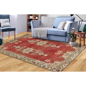 Tapis imprimé à motifs ethniques, tapis de salle à manger turc de luxe rouge et vert, tapis antidérapant, tapis doux non tissé - Product Image 2