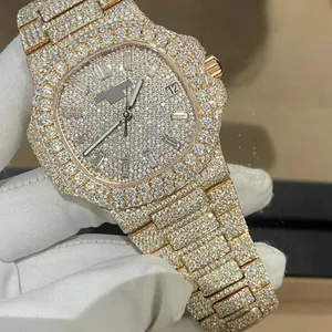 Oro amarillo VVS Moissanite PP Diamond iced out bused down Cuban Men Watch, acero inoxidable All Chronograph Working 42mm