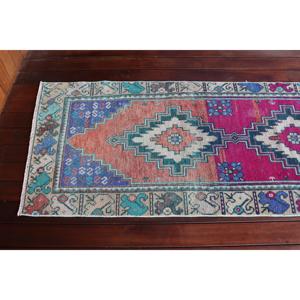 Vintage Turkish <b>Runner</b> Rug 2.4x9.6 ft, <b>Red</b> Blue Floral Wool Rug - Product Image 4