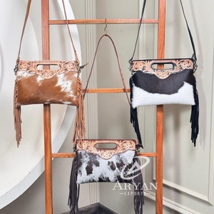 2025 Latest Fashion Women's Bags Customized Hand Tooled Cowhide Leather Handbags Handled Zipper Crossbody Shoulder Fringe Bags - Product Image 1