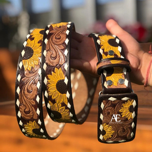 เข็มขัดหนังแกะลายดอกทานตะวันโบฮีเมียนทำด้วยมือสไตล์แฟชั่นสไตล์วินเทจ - Product Image 1