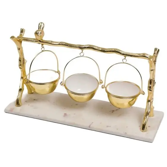 Meja desainer kualitas tinggi menggantung Set gantung 3 dengan marmer dan dudukan logam makanan ringan kering buah digunakan mangkuk