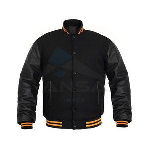 Chaqueta Universitaria Resistente para Hombre con Mangas de Cuero Genuino y Cuerpo de Mezcla de Lana, Bordes Acanalados Clásicos, Forro Negro y Amarillo - Product Image 1