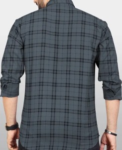 เสื้อคอตตอนแขนยาวสำหรับผู้ชาย, เสื้อลำลองผ้าฝ้าย100% เข้ารูปปกติระบายอากาศเป็นมิตรกับสิ่งแวดล้อมดีไซน์ถักลายตารางหมากรุกย้อมสีล้วน - Product Image 2