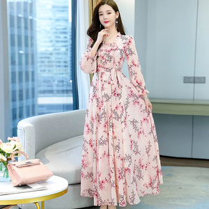Vestido largo estampado de chifón plisado con cuello cuadrado, manga larga, estampado floral botánico, cinturón y cintura alta, para primavera/verano, uso diario, ODM - Product Image 3