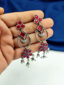 Pendientes Largos de Plata Oxidada con Flores y Piedras Multicolores, Estilo Étnico Contemporáneo Tradicional para Mujer - Product Image 2