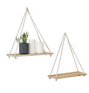 Hanging Shelves for <b>Wall</b> [Set of 2 W/ Hooks] <b>Wooden</b> Macrame Rope Shelf Natural <b>Light</b> Reclaimed Wood Triangle Floating - Product Image 3