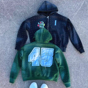 Ropa de calle informal OEM, sudaderas con capucha de algodón 100%, cremallera transpirable, apliques bordados de diamantes de imitación prensados en caliente ecológicos para invierno - Product Image 5