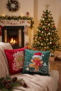 Housse de coussin décorative de Noël personnalisée en velours brodé motif maison de pain d'épices, 47x47cm, lavable, avec fermeture éclair, festive - Product Image 3