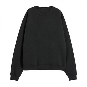 Sweat-shirt unisexe noir surdimensionné à col rond, manches régulières, couleur unie, pull décontracté, 100% coton tricoté, vêtement d'automne - Product Image 1