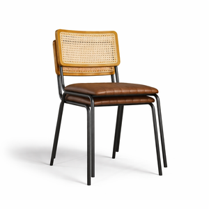 เก้าอี้รับประทานอาหารหนังแท้แบบซ้อนได้ |   ที่นั่งร้านอาหารอินดัสเทรียล บิสโทร |   เฟอร์นิเจอร์โครงเหล็กหุ้มหวายแบบสั่งทำ - Product Image 1