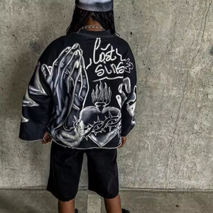 เสื้อยืดผ้าฝ้ายพิมพ์ลายไหล่300gsm คอกลมสีดำล้วนขนาด100นิ้วเสื้อยืดพิมพ์ลายวินเทจบ็อกซี่ฟิต - Product Image 3