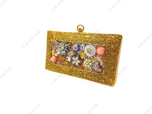 Handcrafted Gold Metal Panelled Clutch with Multicolor Stone <b>Crystal</b> Bead Floral Inlay Frame Designer Statement <b>Bag</b> for women - Product Image 3